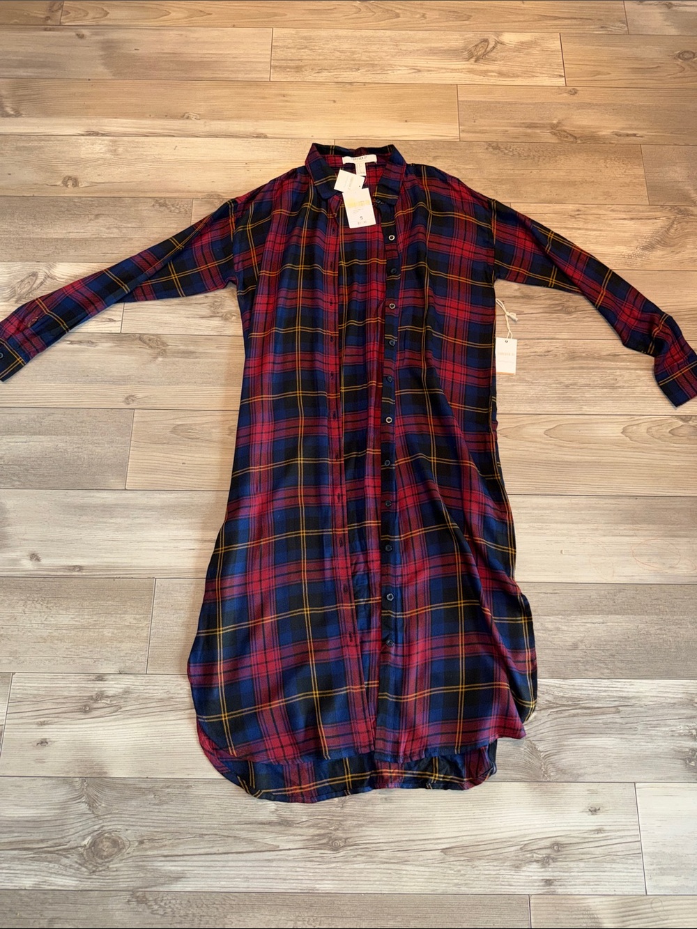 Forever 21 Red and Navy Plaid Long-Sleeve Shirt Dress